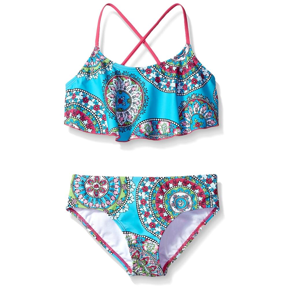 Kanu Surf Girls Alania Flounce Bikini Beach Sport 2 Piece Swimsuit Aqua Size 10